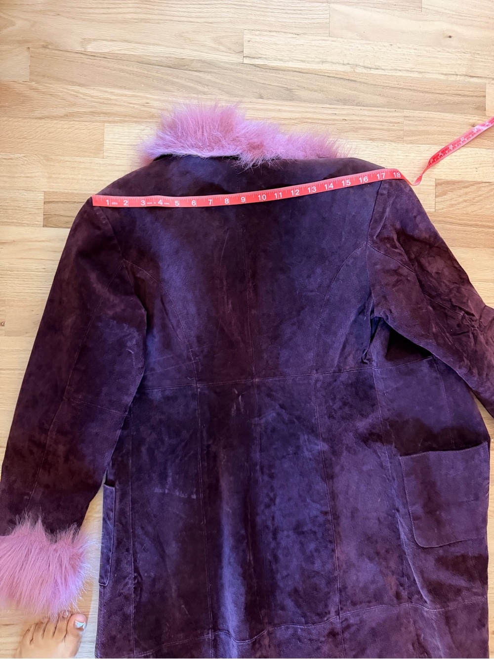 XOXO Plum Suede Trench Coat with Pink Faux Fur Trim - Picture 5 of 5